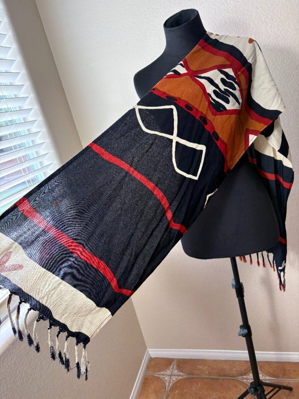 Boho Abstract Print Oversized Scarf Wrap Navy Rust Orange Tassel Fringe